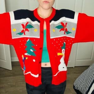 Classic Red Holiday Cardigan with Festive Designs